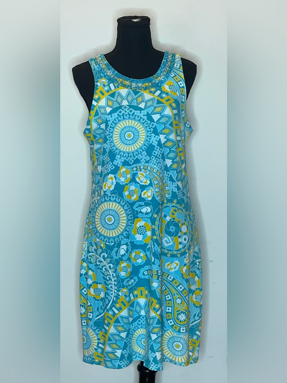 Joyous & free- Turquoise & Yellow Printed Tank Mini Dress Size L